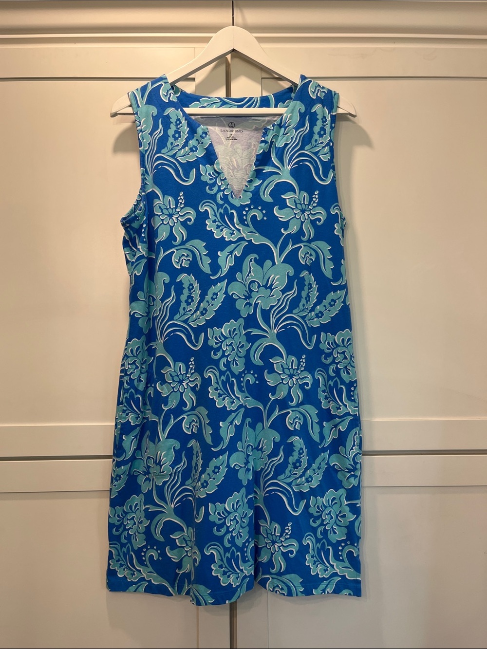 Lands' End Blue and Aqua Floral Cotton Midi Dress 100% Cotton